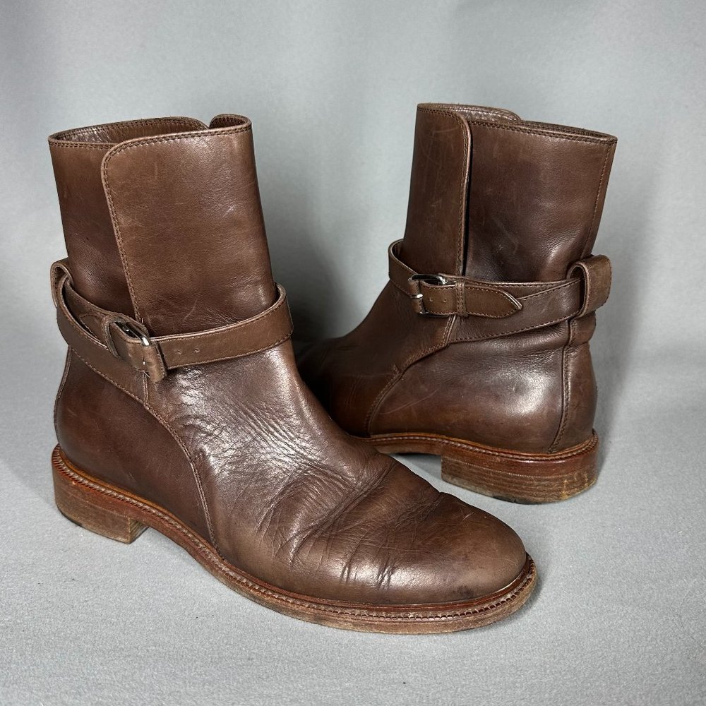 Celine Women's Belted Motorcycle Moto Ankle Boots Brown Size 7 VTG Soft Leather